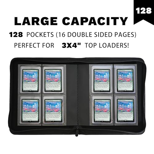 Trading Card Binder with 4 Pockets Holds 128 3x4 Rigid Cards Water-Resistant PU Leather