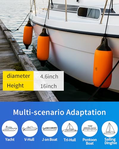 Inflatable Boat Fenders 4 Pack with Ropes - Black & Orange, 4.6 x 16 Inches