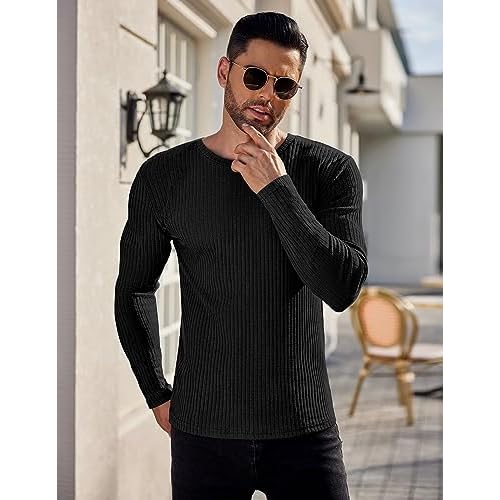 Ekouaer Men's Long Sleeve Shirts Ribbed Pullover Sweater Sim Fit Thermal Tops Crew Neck Stretchy Undershirts