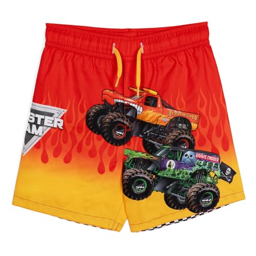 Monster Jam Boys' Swim Trunks with Mesh Lining - Red & Orange, Toddler to Big Kid