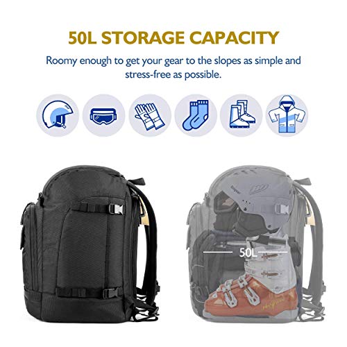 Unigear Ski Boot Bag Backpack 50L Black with Helmet & Goggle Compartments
