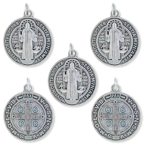 Silver Oxidized St. Benedict Medal Pendant 1.25 Inch Catholic Jewelry - Made in Italy