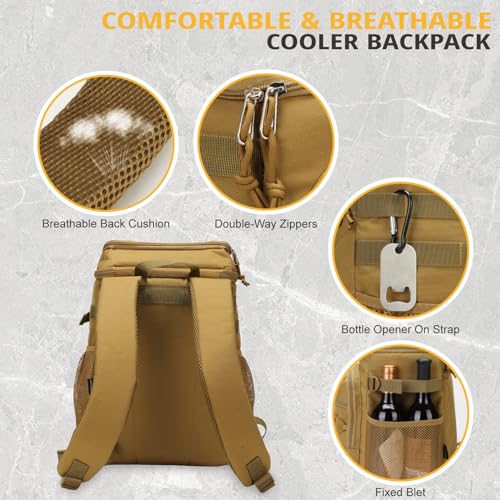 Brown 25L Insulated Cooler Backpack Water-Resistant Camping Bag with Multiple Pockets