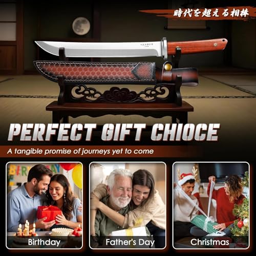 9.8 Inch Japanese Tanto Knife Fixed Blade with Rosewood Handle & Leather Sheath