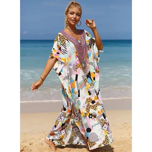 Women's V-Neck Batwing Sleeve Kaftan Dress Lightweight Beach Swimwear Cover Up for Mumu Tropical Vacation