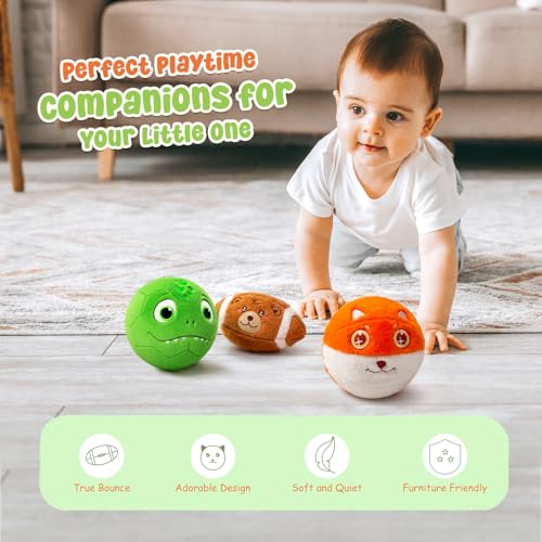 VangeBow 3 Pack Soft Plush Sports Balls for Toddlers – Bear, Dinosaur & Fox Design, Indoor Baby Toy Set