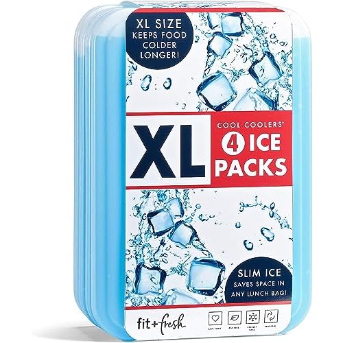 Cool Coolers by Fit & Fresh 4 Pack XL Slim Ice Packs, Quick Freeze Space Saving Reusable Ice Packs for Lunch Boxes or Coolers, Blue, 239ICE, 4 count (Pack of 1)