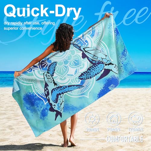Genovega Microfiber Lightweight Thin Beach Towel Compact Oversized Quick Dry Sandproof Towels Sand Free Swim Camping Pool Clearance Travel Essentials Accessories Vacation Women Men Adults Blue Turtle
