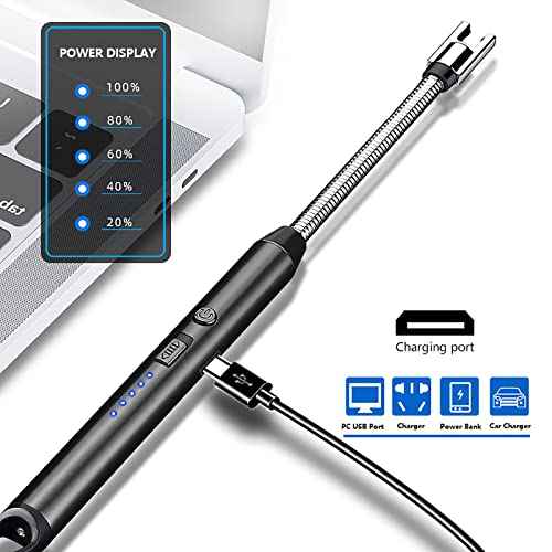 Electric Candle Lighter Plasma Flameless Arc Windproof 360¡Æ Long Neck Flexible with LED Power Display Lighters for Candle for BBQ, Grill, Camping, Fireplace, Stove