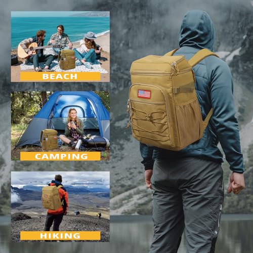 Brown 25L Insulated Cooler Backpack Water-Resistant Camping Bag with Multiple Pockets
