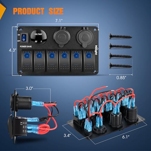Nilight 6 Gang Rocker Switch Panel with Power Control Blue - 12V/24V