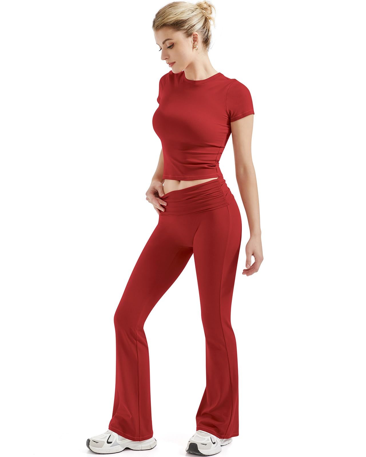 SUUKSESS Women 2 Piece Lounge Sets Going Out Y2K Foldover Pants Crew Neck Fitted Shirts Matching Pajamas (Red, S)