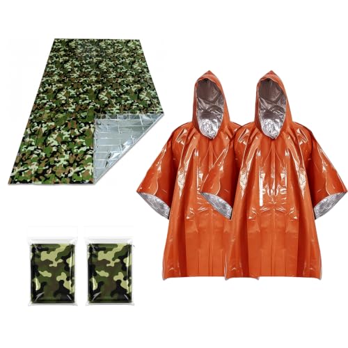 Emergency Survival Kit 4 Pieces - Camouflage Blankets & Orange Ponchos - Waterproof & Thermal Insulated Gear for Camping, Hiking, Disaster Preparedness - Variation 4