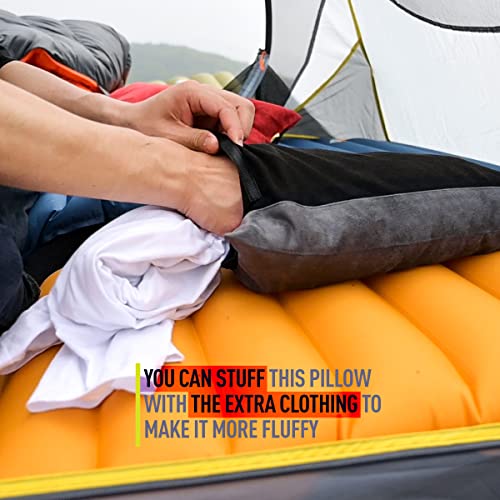 Gray Charcoal Down Filled Camping Pillow for Travel & Support, Washable Cover, Small Lightweight Cushion