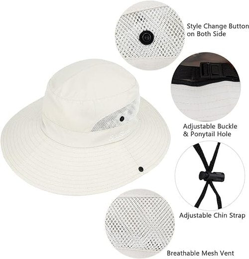 Women's Summer Sun-Hat Ponytail - Outdoor UV-Protection Mesh Wide Brim Foldable Hat with Ponytail Hole