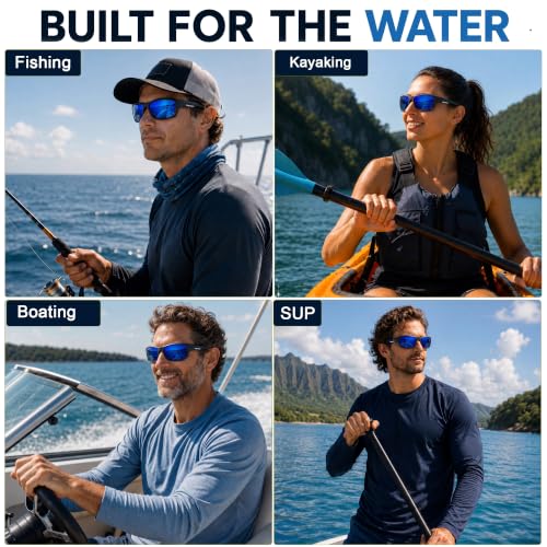 Floating Polarized Fishing Sunglasses for Men Women UV400 Lenses - Black Frame Blue Revo