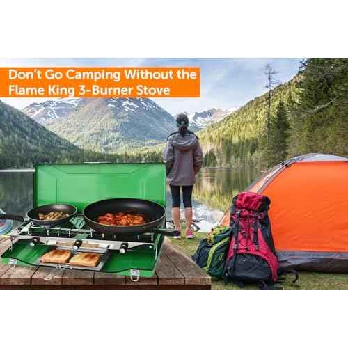 Flame King YSNBBQ-136M 3-Burner Portable Camping Stove Grill w/Toast Tray, Great for Outdoor Cooking, Backpacking, Compatible with 1LB Propane Gas Bottle