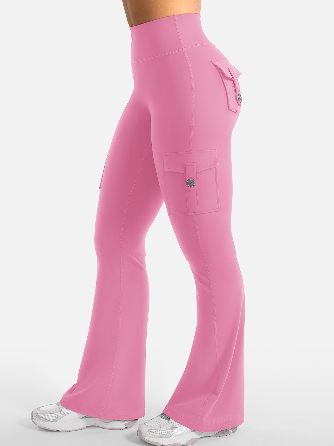 YEOREO CoreFlex Women Workout Flare Leggings with Pockets Hidden Scrunch High Waisted Cargo Gym Yoga Leggings Pink XXL