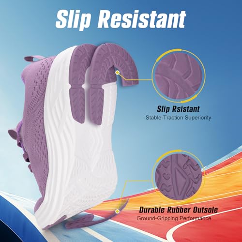 Wide Toe Box Women's Athletic Sneakers - Purple, 8-8.5 Wide Arch Support Non-Slip Walking Shoes for Diabetic Plantar Fasciitis
