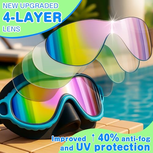 Kids Swim Goggles with Nose Cover 2-Pack Mirrored Blue & Purple Anti-Fog UV