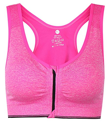 Women's Zipper Front Closure Sports Bra Racerback Yoga Bra - Pink, 4X-Large