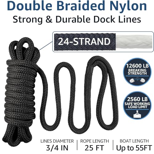 3/4 Inch x 25 Feet Marine Nylon Dock Lines with Loop - Pack of 2, Double Braided, High Strength