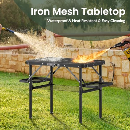 Titanker Small Folding Camping Grill Table with Black Mesh & Storage Net - Portable 2ft Picnic Table with Side Racks & Heatproof Mesh Top