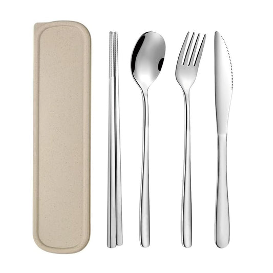 Portable Travel Utensils with Case, 18/8 Stainless Steel 5pcs Cutlery Set Portable Camp Reusable Flatware Silverware, Include Fork Spoon Chopsticks with Case