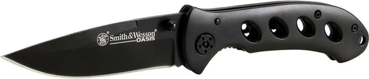 Smith & Wesson Oasis SW423B 7.5in S.S. Folding Knife with a 3.2in Drop Point Blade and Titanium Coated Handle for Outdoor, Tactical, Survival and EDC