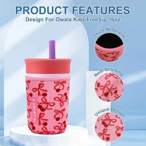 Cute Sleeve for Owala Kids 12oz and Zak Cup 15oz, Neoprene Cover Compatible with Owala Kids Tumbler, Zak Cup, Water Bottle Scratch Resistant Sleeve for Boys Girls to School (Bow&Cherry)