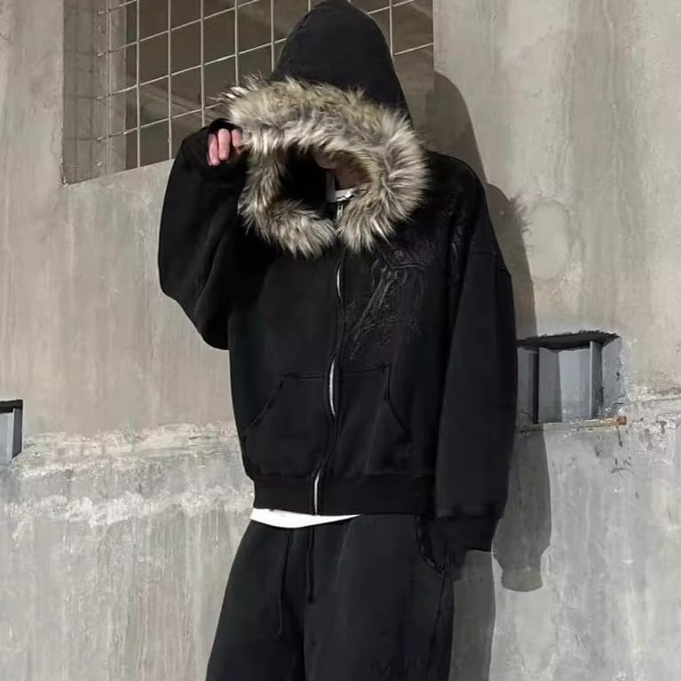 Crop Winter Coats Teen Streetwear Hoodie Fur Jackets Y2K Grunge Black Large