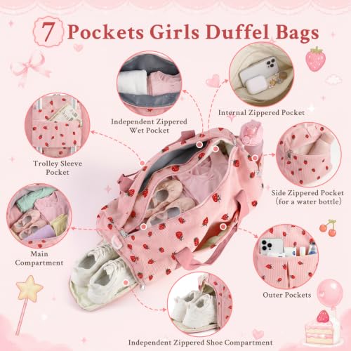 Pink Strawberry Corduroy Duffle Bag for Girls Kids Teens with Shoe & Wet Dry Separation