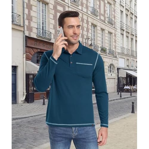 ZITY Men's Casual Long Sleeve Polo Shirts Classic Button Cotton Work T-Shirt Collared Basic Golf Shirt with Pocket