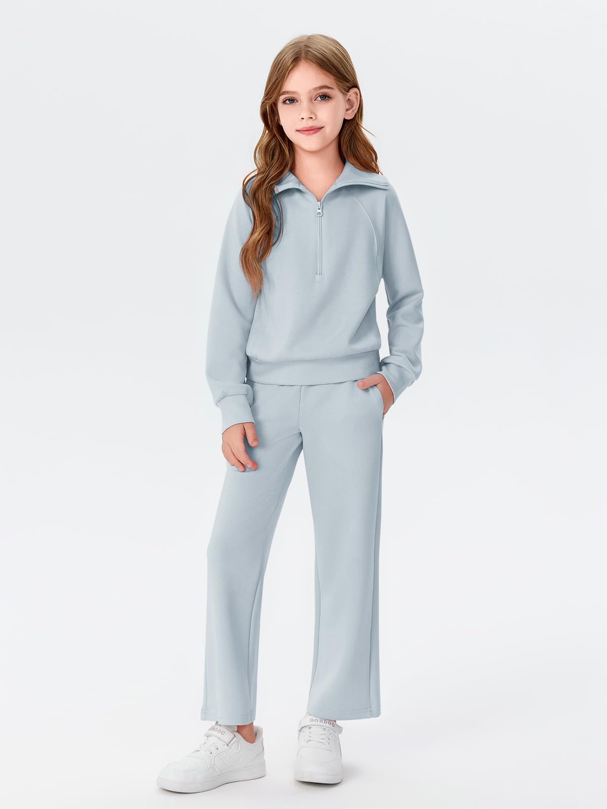 Haloumoning Girls 2 Piece Outfits Sweatsuit Half Zip Long Sleeve Sweatshirts Sweatpants Tracksuit Sets 5-14 years