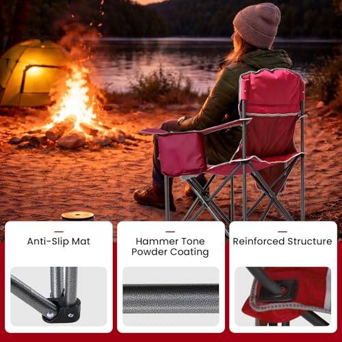 Red Oversized Camping Chair with Padded Seat 500lbs Capacity Lumbar Support