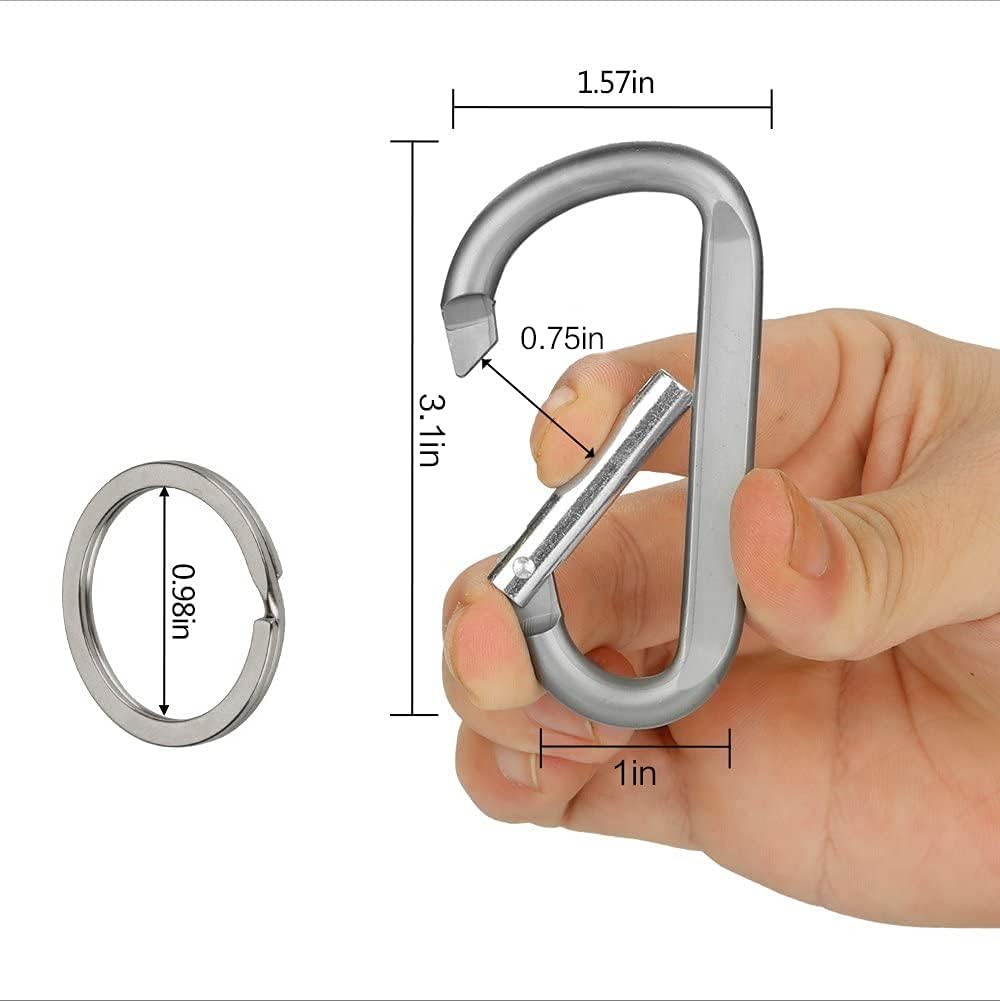 6PCS Black Carabiner Caribeaner Clip,3" Large Aluminum D Ring Shape Carabeaner with 6PCS Keyring Keychain Hook…