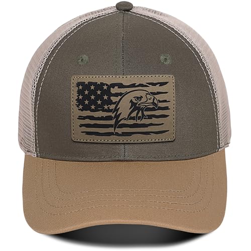 American Flag Trucker Hat for Men Women Gray-Green/Brown Adjustable Mesh Baseball Cap