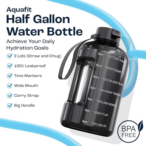 AQUAFIT Half Gallon Water Bottle with Motivational Quotes, Gray, 64 oz