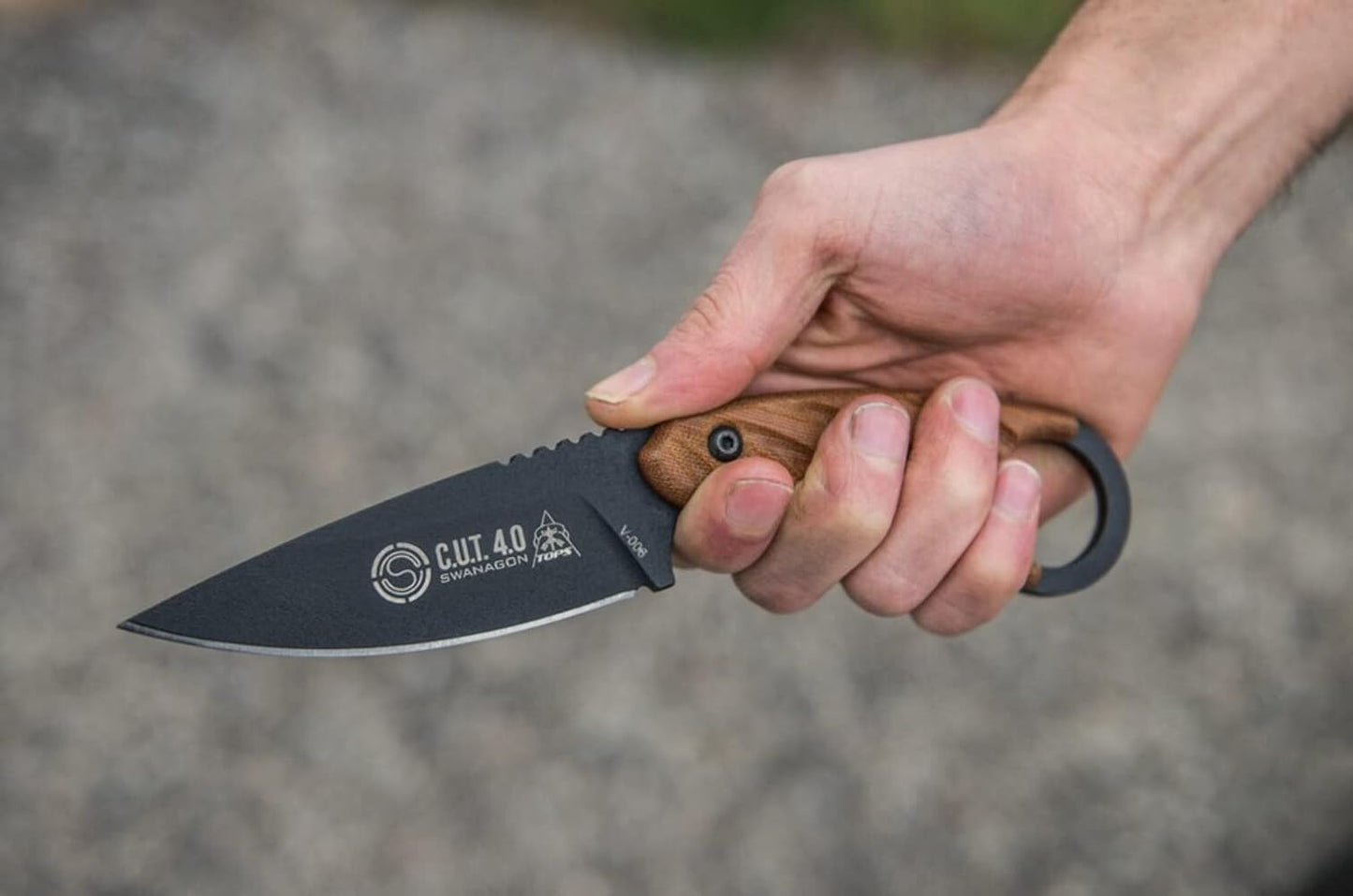 Tops Knives Cut 4.0 Full Tang Fixed Blade-Black Traction Coating Blade Finish-Black Kydex Sheath w/Beta Loop (Tan Canvas Micarta Handle)