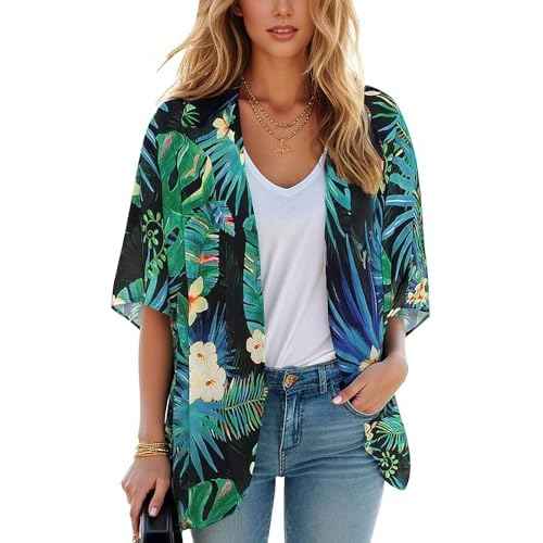 Women's Floral Print Puff Sleeve Kimono Cardigan Loose Cover Up Casual Blouse Tops