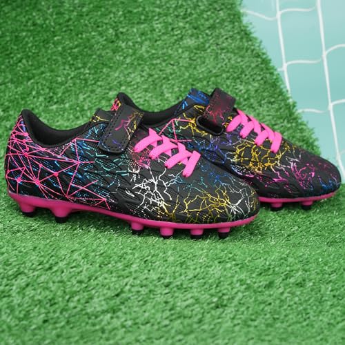 Kids Soccer Cleats for Girls - Firm Ground Football Shoes with Shin Guards & Socks, Size 13 Little Kid - Black Fuchsia