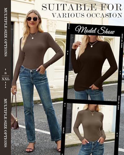 Women's Ribbed Thermal Mockneck Long Sleeve Tops - Medium Dark Brown Mocha Light Khaki Apricot