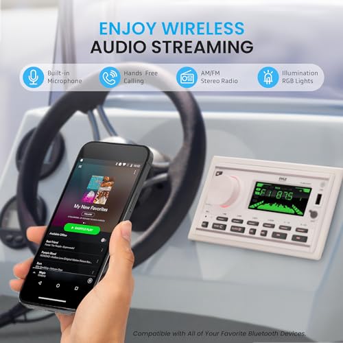 Pyle Boat Bluetooth Marine Stereo Receiver-Marine Head Unit Double DIN Stereo Receiver Power Amplifier&Speaker Kit-Hands-Free Calling,AM/FM/MP3/BT/USB/AUX-Remote,Speakers-Pyle PLMR3DNWT(White)