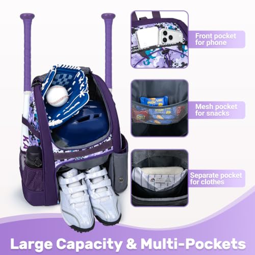 KAVIGOR Youth Baseball Bag Purple Camo T-Ball Backpack with Shoes Compartment