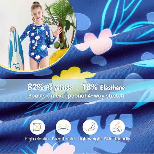 Zando Girls Long Sleeve Rash Guard One Piece Swimsuit for Teen Kids Toddler 2-15 Years - Surfing Bathing Suit UPF 50+ Zipper