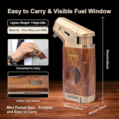 Torch Lighter Built-in V Cutter,Refillable Butane Torch Lighter,Men's Gift,All-in-one Windproof Adjustable Jet Flame for Candle,Camping(Butane Gas Not Include)
