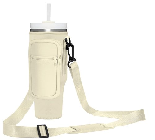 Momocici Cup Holder Carrier Bag with Strap and Pouch for Stanley Quencher 40oz Tumbler. Cup Crossbody Holder Bag Compatible with Stanley Cup for Hiking Travelling Camping.(Cream)