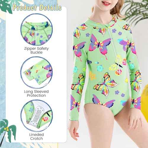 Zando Girls Long Sleeve Rash Guard One Piece Swimsuit for Teen Kids Toddler 2-15 Years - Surfing Bathing Suit UPF 50+ Zipper