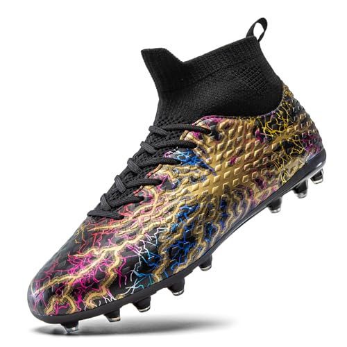 Unisex Soccer Cleats High-Top Training Football Shoes Black Gold 10 Women / 8.5 Men
