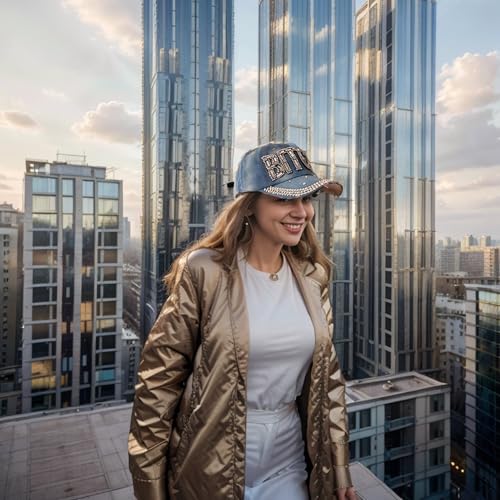 Popfizzy Bling Hat for Women, Rhinestone Baseball Cap, Bedazzled Distressed Denim Hat, Fun Birthday Gifts for Women and Girls